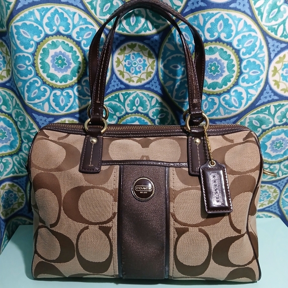 Coach Brown Signature Stripe Tote/Satchel Bag - Picture 1 of 14